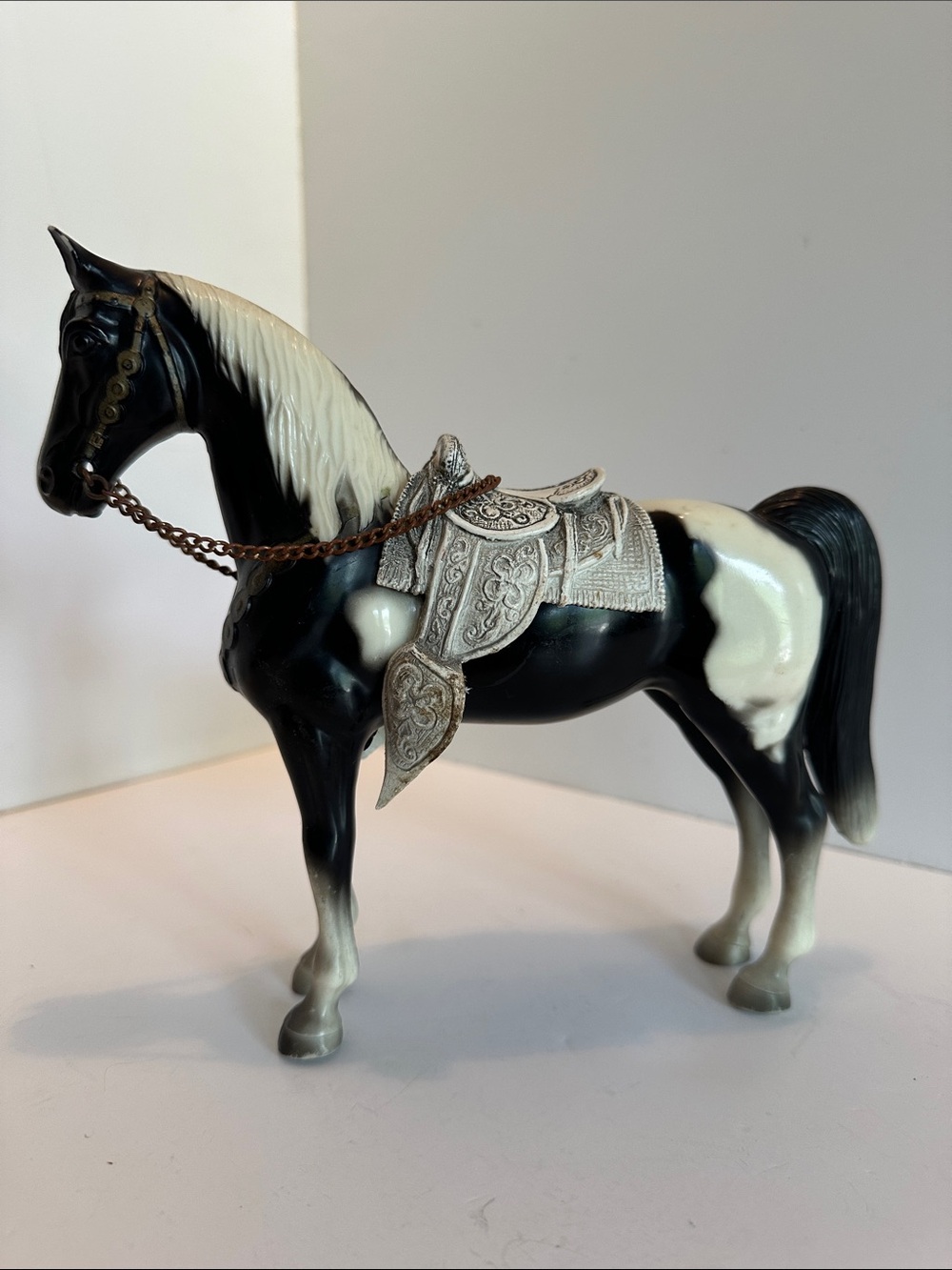 Vintage Breyer Western #55 Black and White Pinto Horse Figurine with gray Saddle
